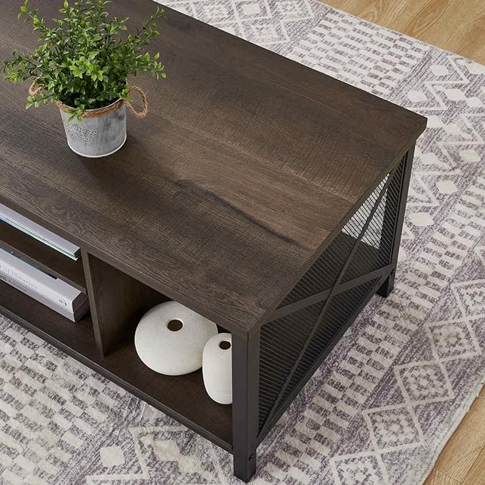 FATORRI Rustic Coffee Table for Living Room, Farmhouse Dark Wood Center Table, Industrial Rectangle Cocktail Tea Tables (Walnut Brown) - LeafyLoom