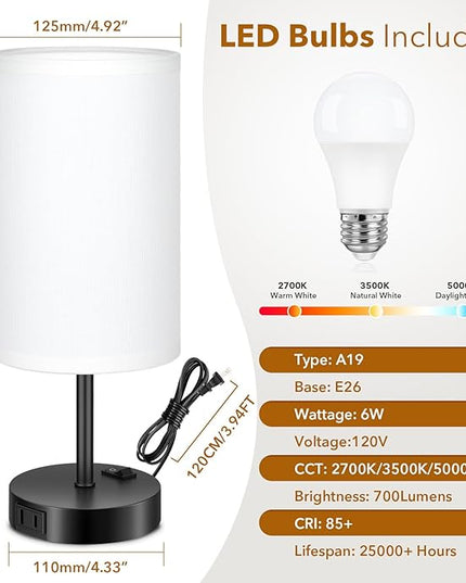 GGOYING Bedside Table Lamp,3-Color Temperature Table Lamp with 2700K/3500K/5000K LED Bulb and AC Outlet, Small Lamp with Round White Fabric Shade for Bedroom - LeafyLoom