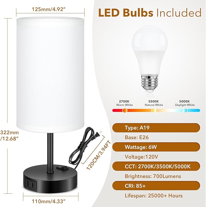 GGOYING Bedside Table Lamp,3-Color Temperature Table Lamp with 2700K/3500K/5000K LED Bulb and AC Outlet, Small Lamp with Round White Fabric Shade for Bedroom - LeafyLoom