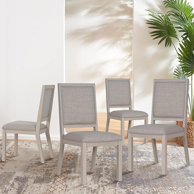 COLAMY Wood Dining Chairs Set of 4, Mid Century Modern Upholstered Kitchen Chairs,19 Inch Fabric Dining Chair with Back for Kitchen Dining Room, Ivory - LeafyLoom