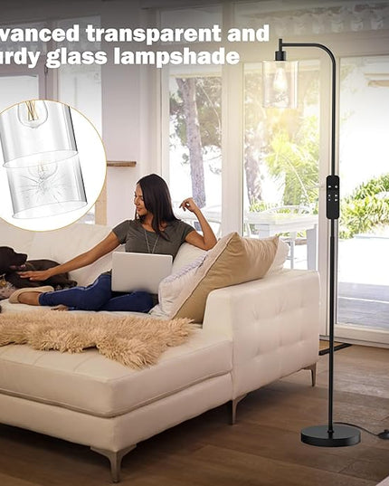 PAZZO LED Floor Lamp, Industrial Standing Lamp with Glass Lampshade, Ideal for Living Room, Bedroom, and Office, Matte Black Finish (includes Remote Control) - LeafyLoom