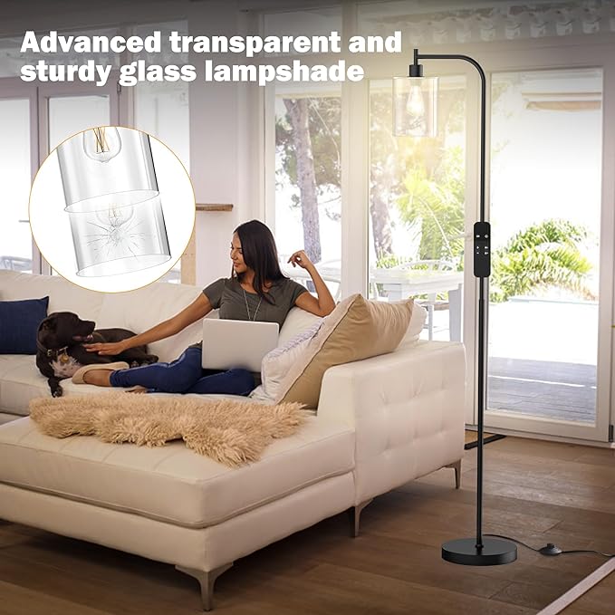 PAZZO LED Floor Lamp, Industrial Standing Lamp with Glass Lampshade, Ideal for Living Room, Bedroom, and Office, Matte Black Finish (includes Remote Control) - LeafyLoom