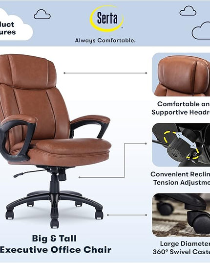 Serta Fairbanks Big and Tall High Back Executive Office Ergonomic Gaming Computer Chair with Layered Body Pillows, Contoured Lumbar Zone, Cognac - LeafyLoom