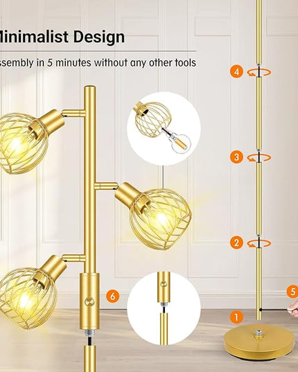 Gold Floor Lamp, Industrial Floor Lamp, Modern Standing lamp with 3 Adjustable Light, 4W E12 LED Bulbs, Metal Stand Up Lamps, Vintage Farmhouse Tree Floor Lamps for Living Room/Bedroom/Office - LeafyLoom