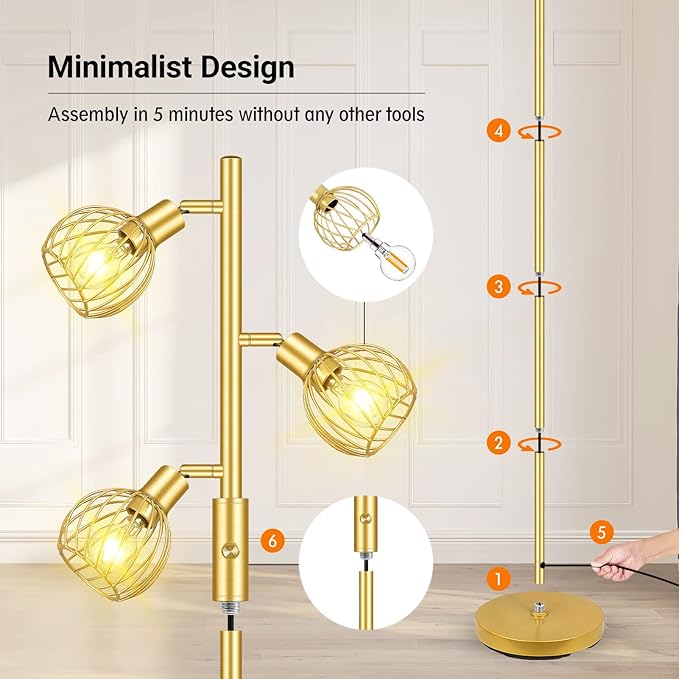 Gold Floor Lamp, Industrial Floor Lamp, Modern Standing lamp with 3 Adjustable Light, 4W E12 LED Bulbs, Metal Stand Up Lamps, Vintage Farmhouse Tree Floor Lamps for Living Room/Bedroom/Office - LeafyLoom