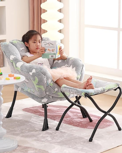 Welnow Toddler Kids Lazy Chair with Ottoman, Glow in The Dark Accent Comfy Lounge Children Armchair Couch with Removable Cover, Detachable Reading Chair with Footrest for Boy or Girl, Grey Dinosaur - LeafyLoom