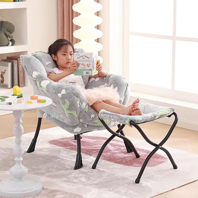 Welnow Toddler Kids Lazy Chair with Ottoman, Glow in The Dark Accent Comfy Lounge Children Armchair Couch with Removable Cover, Detachable Reading Chair with Footrest for Boy or Girl, Grey Dinosaur - LeafyLoom