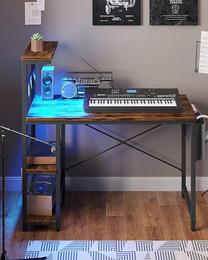 Bestier Computer Desk with LED lights, Gaming Desk with 4 Tier Shelves, 44 Inch Office Desk with Storage Bag & Printer Shelf (Rustic Brown) - LeafyLoom