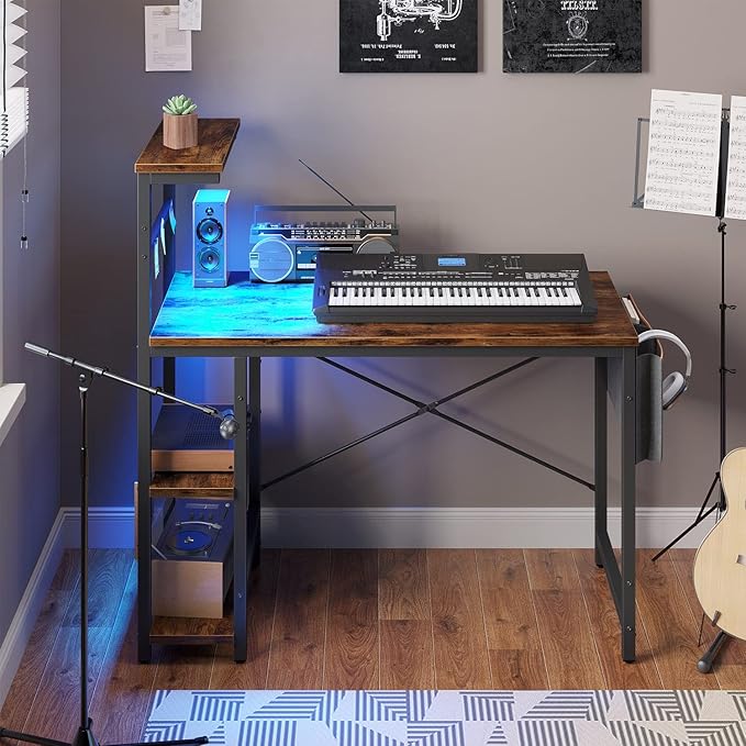 Bestier Computer Desk with LED lights, Gaming Desk with 4 Tier Shelves, 44 Inch Office Desk with Storage Bag & Printer Shelf (Rustic Brown) - LeafyLoom