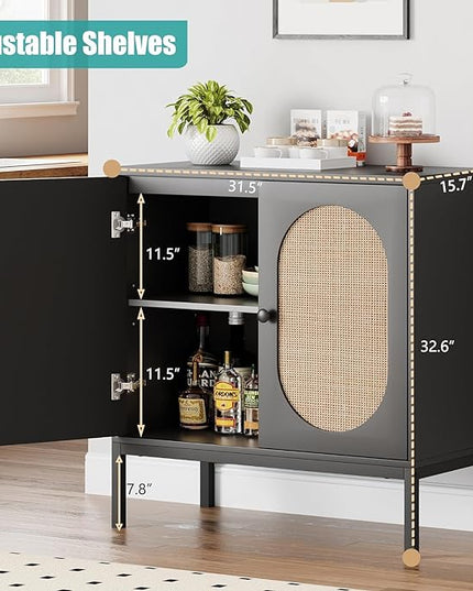 GAOMON Sideboard Buffet Cabinet, Rattan Storage Cabinet, Wood Accent Cabinet with Door and Shelf, Console Cabinet with Storage, Sideboard Cabinet for Hallway, Entryway, Living Room (Black) - LeafyLoom