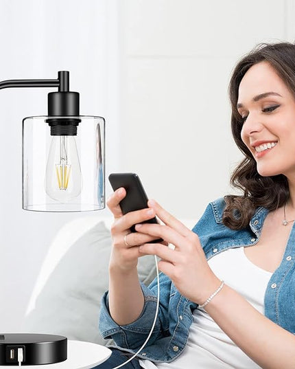 Set of 2 Industrial Touch Control Table Lamps with 2 USB Ports and AC Outlet - 3-Way Dimmable Black Bedside Lamps Nightstand Desk Lamps for Bedroom Living Room, Glass Shade & 2 LED Bulbs Included - LeafyLoom