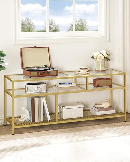 HOOBRO Gold TV Stand, Rectangular LED TV Stand with Power Outlets to 65'', Modern Glass Entertainment Center with Open Shelves, Media TV Console Table for Living Room, Bedroom, Gold GD49UDDS01 - LeafyLoom