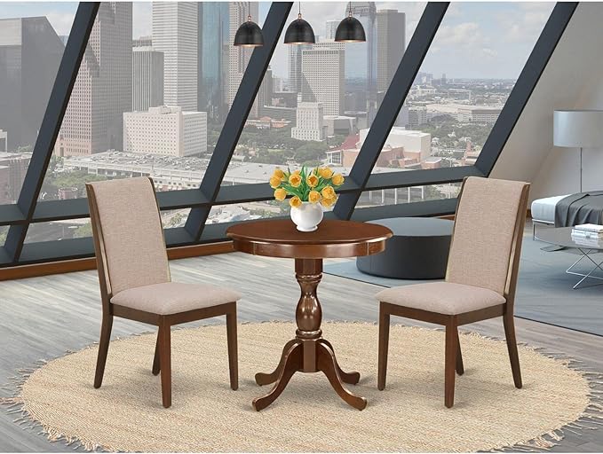 East West Furniture Eden 3 Piece Kitchen Set Contains a Round Dining Room Table with Pedestal and 2 Light Tan Linen Fabric Parsons Chairs, 30x30 Inch, Mahogany - LeafyLoom