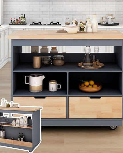 Rolling Storage, Two-sided Kitchen Island Cart on Wheels with Wood Top, Wine and Spice Rack, 2 Drawers, 3 Open Compartments, for Dining Room, Home, Grey Blue, 46 Inch - LeafyLoom