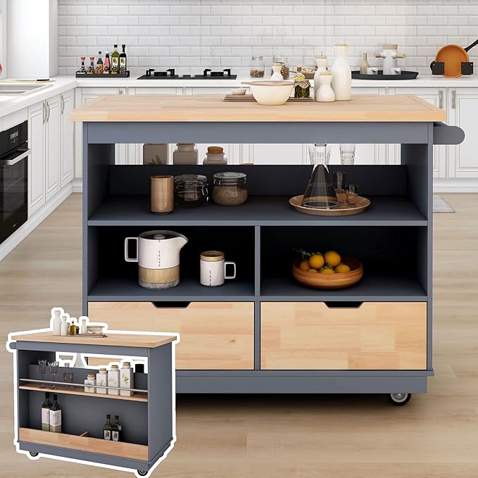 Rolling Storage, Two-sided Kitchen Island Cart on Wheels with Wood Top, Wine and Spice Rack, 2 Drawers, 3 Open Compartments, for Dining Room, Home, Grey Blue, 46 Inch - LeafyLoom