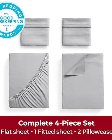 Mellanni Extra Deep California King Sheets - 4 PC Iconic Collection Bedding Sheets & Pillowcases - Hotel Luxury, Ultra Soft, Cooling Bed Sheets - Extra Deep Pocket up to 21 inch (Cal King, Light Gray) - LeafyLoom
