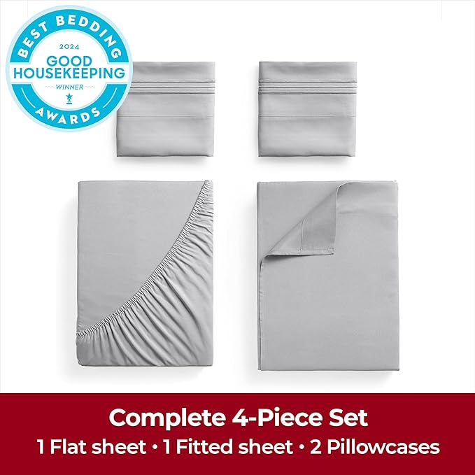 Mellanni King Sheets Set - 4 PC Iconic Collection Bedding Sheets & Pillowcases - Hotel Luxury, Extra Soft, Cooling Bed Sheets - Deep Pocket up to 16 inch (King, Light Gray) - LeafyLoom