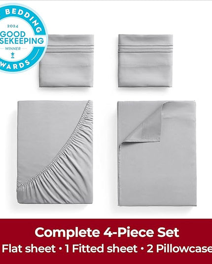 Mellanni California King Sheets Set - 4 PC Iconic Collection Bedding Sheets & Pillowcases - Hotel Luxury, Extra Soft, Cooling Bed Sheets - Deep Pocket up to 16 inch (Cal King, Light Gray) - LeafyLoom