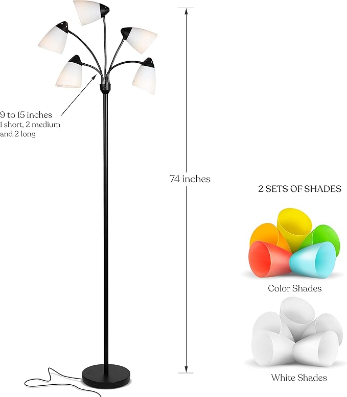 Brightech Medusa LED Floor Lamp – Multi-Head Dimmable Floor Lamp for Living Rooms & Offices – Tall Lamp with Interchangeable Shades, Adjustable Standing Lamp for Bedroom Reading – Black - LeafyLoom
