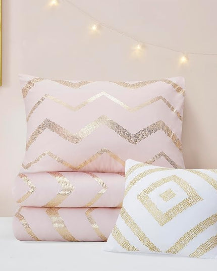 Codi Twin Comforter Set for Girls - Cute Pink Bedding Sets for Twin Size Bed - 3 Piece Set for Teen Girl - includes 1 Rose Gold Comforter, 1 Decorative Pillow, 2 Pillow Cases - All Seasons Warm - LeafyLoom