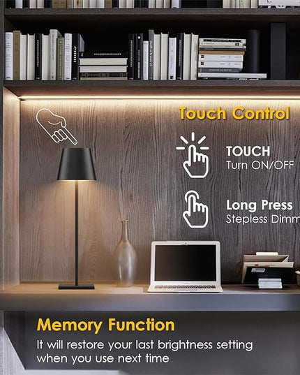 2-Pack LED Cordless Table Lamp, Rechargeable Battery Desk lamp 3W 5500mAh Battery Operated Stepless Dimming Modern Portable Table Light for Restaurant/Dinner/Bedroom/Outdoor IP54 Waterproof (Black) - LeafyLoom