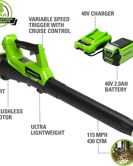 Greenworks 40V (115 MPH / 430 CFM) Brushless Axial Leaf Blower, 2.0Ah Battery and Charger Included - LeafyLoom