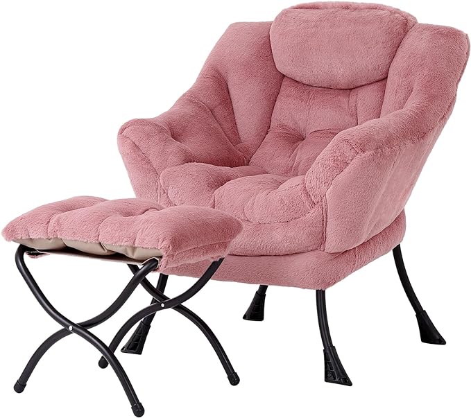 Lazy Chair with Ottoman, Modern Accent Chair Contemporary Lounge Leisure Upholstered Sofa Chair Set with Armrests, Reading Chair for Living Room, Bedroom, Office, Plush Dark Pink - LeafyLoom
