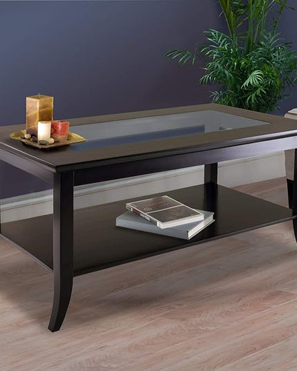 Winsome Genoa Rectangular Coffee Table with Glass Top And Shelf, Espresso - LeafyLoom