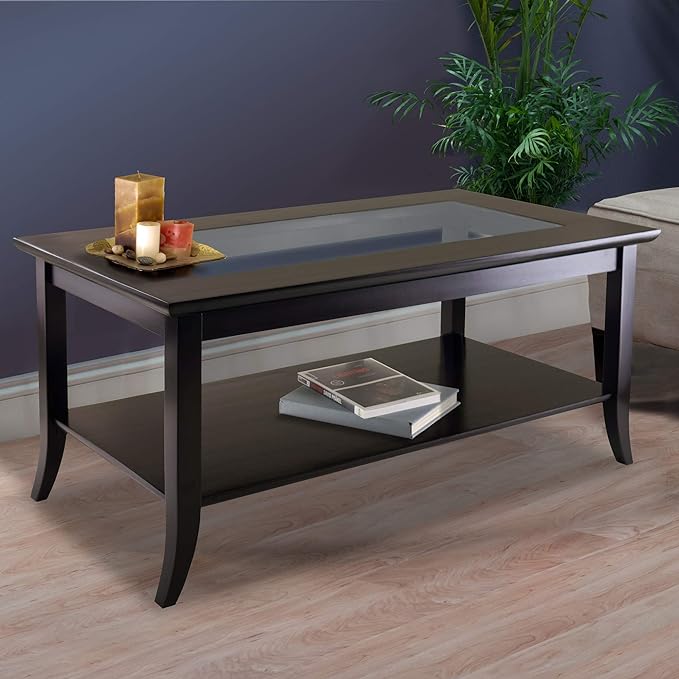 Winsome Genoa Rectangular Coffee Table with Glass Top And Shelf, Espresso - LeafyLoom