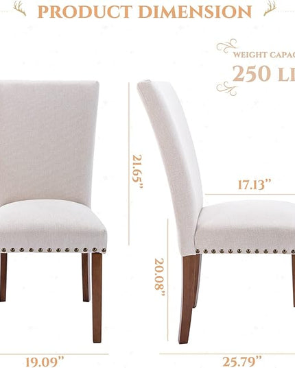 Parsons Dining Chairs Set of 2, Upholstered Nailhead Dining Room Kitchen Side Chair with Thick Cushions and Wood Legs, Beige - LeafyLoom
