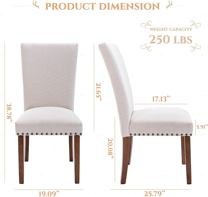 Parsons Dining Chairs Set of 2, Upholstered Nailhead Dining Room Kitchen Side Chair with Thick Cushions and Wood Legs, Beige - LeafyLoom