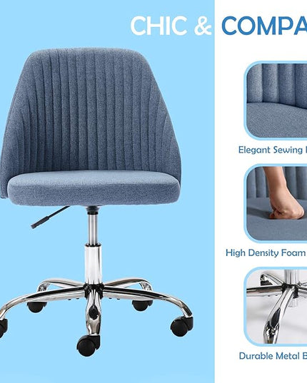 HOMEFLA Home Office Modern Linen Swivel Task Upholstered Fabric Desk Chair Armless with Wheels, Middle, Blue - LeafyLoom