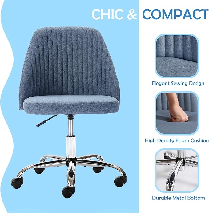 HOMEFLA Home Office Modern Linen Swivel Task Upholstered Fabric Desk Chair Armless with Wheels, Middle, Blue - LeafyLoom