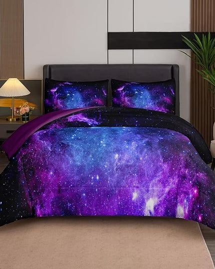 NINENINE Galaxy Bedding 5PCS Twin Size Comforter Sets for Girls Purple Bedding Set Bed in a Bag Space Bedding Set(1Comforter, 1Flat Sheet, 1Fitted Sheet, 2Pillowcases)… - LeafyLoom