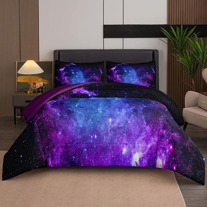 NINENINE Galaxy Bedding 5PCS Twin Size Comforter Sets for Girls Purple Bedding Set Bed in a Bag Space Bedding Set(1Comforter, 1Flat Sheet, 1Fitted Sheet, 2Pillowcases)… - LeafyLoom