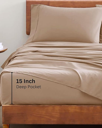 LANE LINEN 100% Organic Cotton Sheets Set Pure Long- Staple Percale Weave - Bedding for Bed Fits Mattress Upto 15" Deep Pocket (Queen Taupe) - LeafyLoom