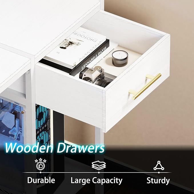 White Computer Desk with Drawer and Power Outlets, 55" Office Desk with Monitor Stand and Sheleves,Writing Study Gaming Desks with Led Light and Headphone Hook for Bedroom - LeafyLoom