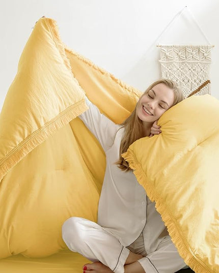 Andency Yellow Tassel Comforter Set Queen(90x90Inch), 3 Pieces(1 boho Comforter, 2 Pillowcases) Farmhouse Shabby Chic Comforter Set, Soft Microfiber Lightweight Fringe Bedding Comforter Set - LeafyLoom