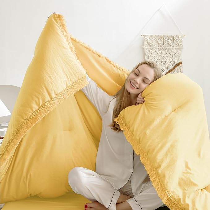 Andency Yellow Tassel Comforter Set Queen(90x90Inch), 3 Pieces(1 boho Comforter, 2 Pillowcases) Farmhouse Shabby Chic Comforter Set, Soft Microfiber Lightweight Fringe Bedding Comforter Set - LeafyLoom