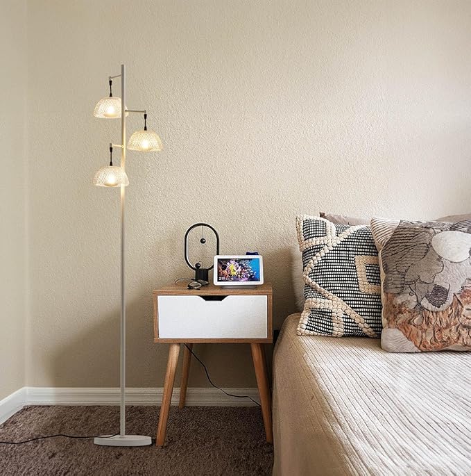 3 Lights White Floor Lamp for Living Room with 3 Metal Lampshade and LED Bulbs, Modern Tree Standing Lamp, Farmhouse Tall Lamp for Living Room, Bedroom, Office - LeafyLoom