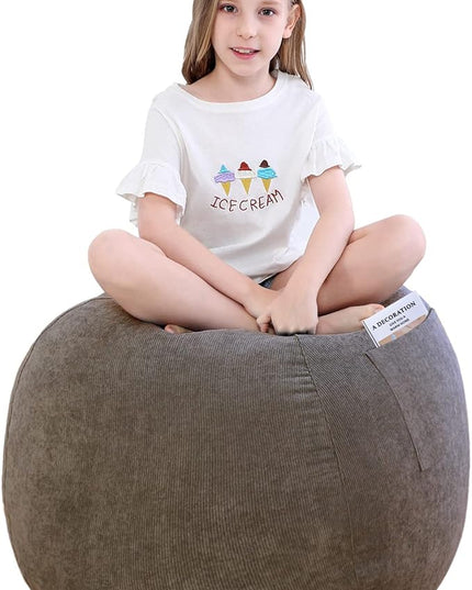 Stuffed Animal Storage Bean Bag Chair Cover (No Filler) for Kids .Soft Premium Corduroy Stuffable Beanbag for Organizing Children Plush Toys or Memory Foam Small 100L (Warm Grey) - LeafyLoom
