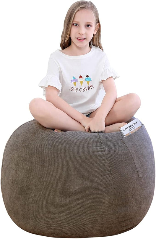 Stuffed Animal Storage Bean Bag Chair Cover (No Filler) for Kids .Soft Premium Corduroy Stuffable Beanbag for Organizing Children Plush Toys or Memory Foam Small 100L (Warm Grey) - LeafyLoom