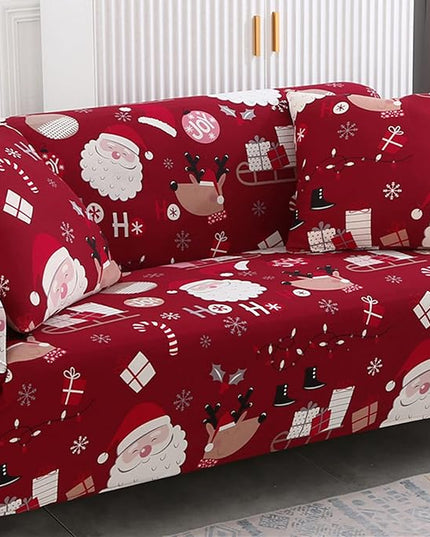 Mybedsoul Christmas Sofa Cover Santa Claus Printed Sofa Couch Cover Washable Furniture Protector with Elastic Bottom Xmas Home Room Festival Decoration(3 Seater) Mybedsoul
