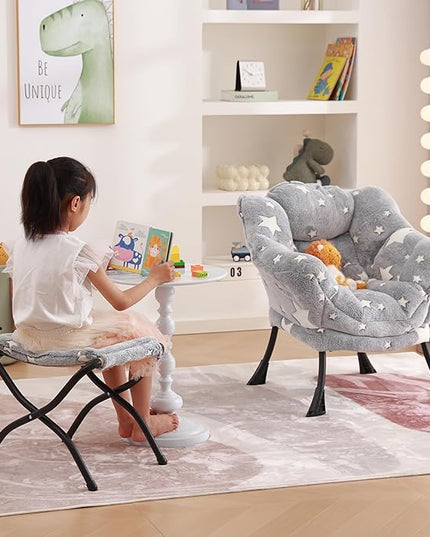 Welnow Toddler Kids Lazy Chair with Ottoman, Glow in The Dark Accent Comfy Lounge Children Armchair Couch with Removable Cover, Detachable Reading Chair with Footrest for Boy or Girl, Grey Star - LeafyLoom