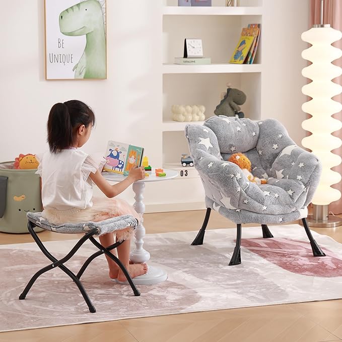 Welnow Toddler Kids Lazy Chair with Ottoman, Glow in The Dark Accent Comfy Lounge Children Armchair Couch with Removable Cover, Detachable Reading Chair with Footrest for Boy or Girl, Grey Star - LeafyLoom