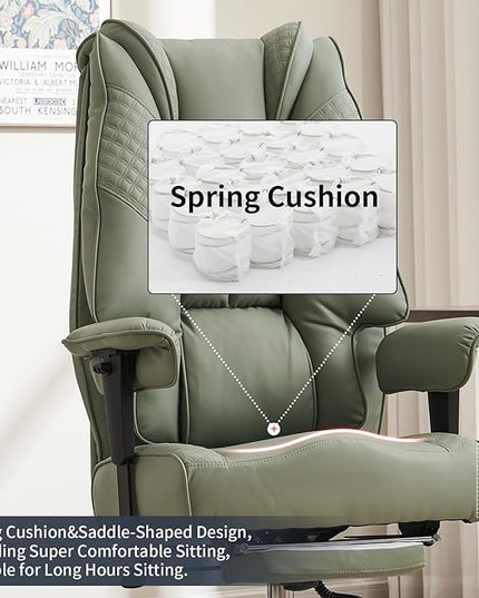 Big and Tall Office Chair 400lbs Wide Seat, Leather High Back Executive Office Chair with Foot Rest, Ergonomic Office Chair Lumbar Support for Lower Back Pain Relief (Light Green) - LeafyLoom