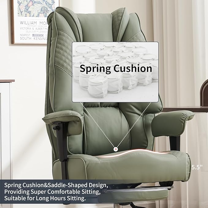 Big and Tall Office Chair 400lbs Wide Seat, Leather High Back Executive Office Chair with Foot Rest, Ergonomic Office Chair Lumbar Support for Lower Back Pain Relief (Light Green) - LeafyLoom