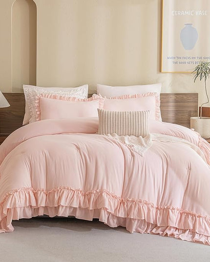 Shabby Ruffled King Comforter Set,Farmhouse Blush Pink Bedding Comforter Lightweight Ultra Soft Vintage French Country Microfiber Comforter 3pc (1 Ruffle Comforter and 2 Pillowcases) - LeafyLoom