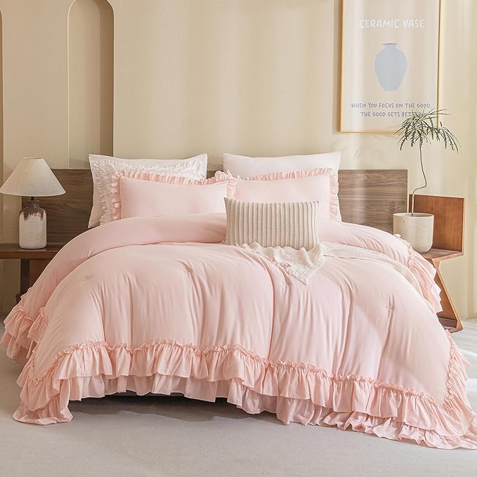 Shabby Ruffled King Comforter Set,Farmhouse Blush Pink Bedding Comforter Lightweight Ultra Soft Vintage French Country Microfiber Comforter 3pc (1 Ruffle Comforter and 2 Pillowcases) - LeafyLoom