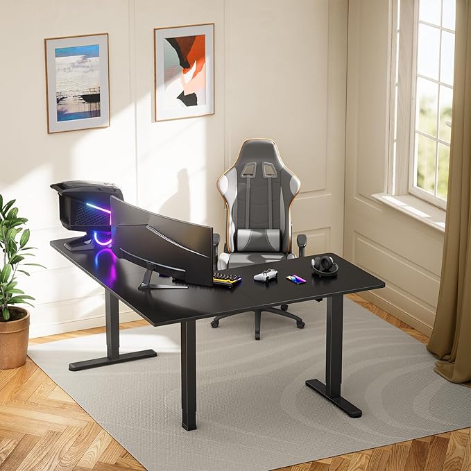 ErGear 63" Dual Motor L Shaped Standing Desk, 28"-46" Electric Height Adjustable, 2 Assembly Options to Fit Room Corner, Suitable for Sitting or Standing Up for Working or Gaming from Home, Black - LeafyLoom